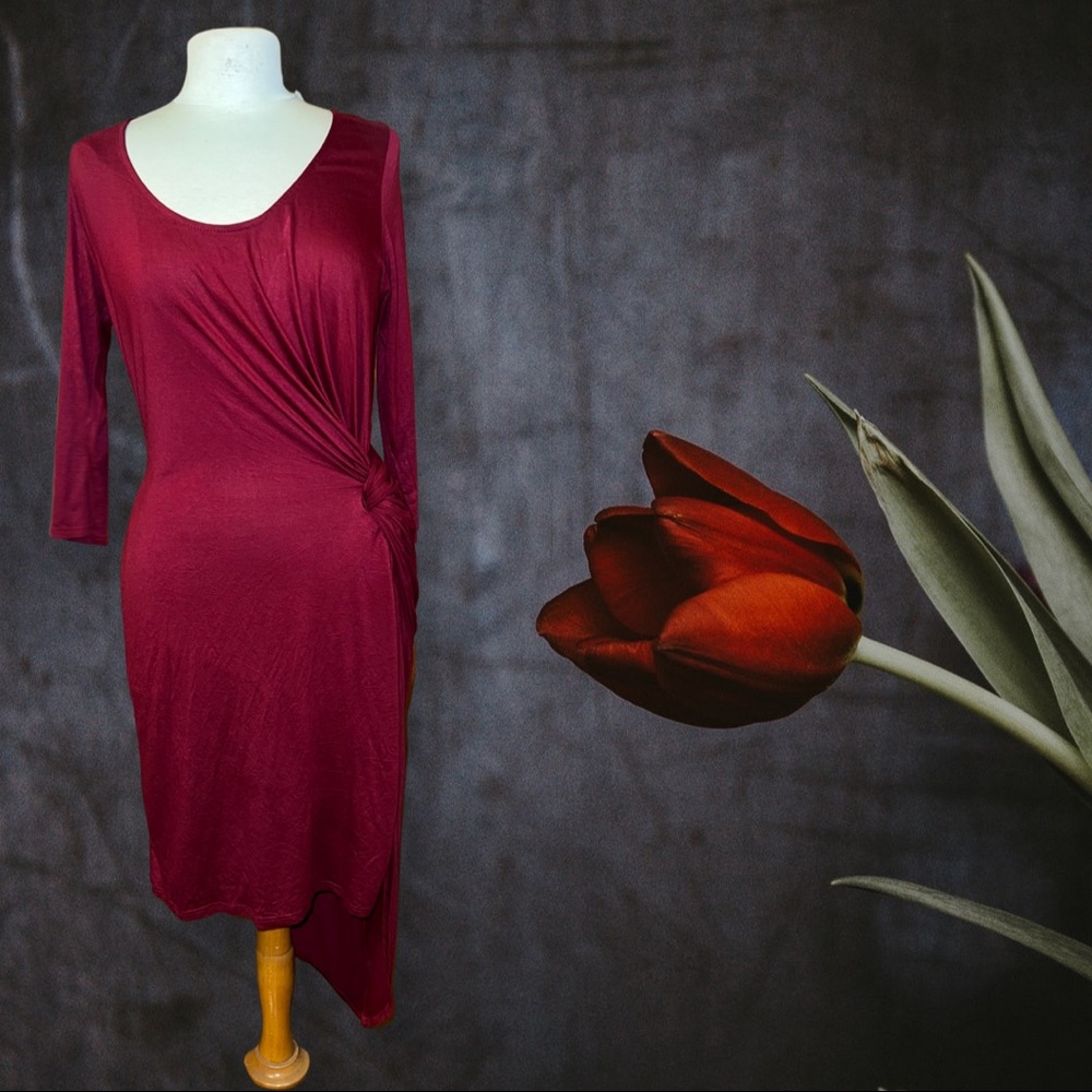 Women’s casual work party red midi high low dress long sleeve size XL stretchy